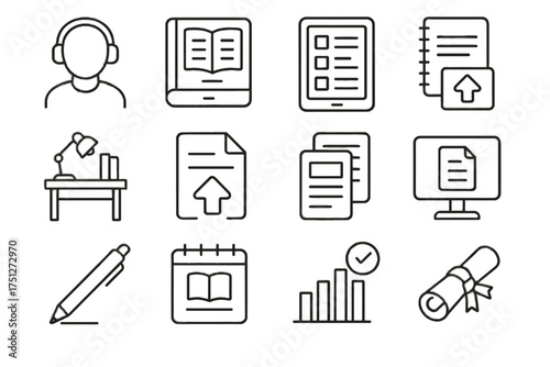 Upload progress student learning homework notes online digital assignment icon flashcards vector