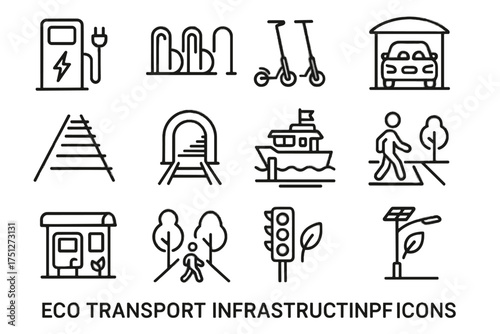 Lane cycling tram eco parking smart rack ferry transport icons icon vector