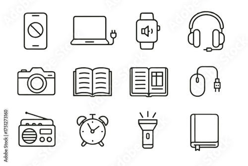 Digital detox wired gadgets book notebook clock camera icon smartwatch analog vector