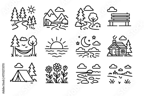 Open bench trees vector between cozy camp riverside view icons icon detox