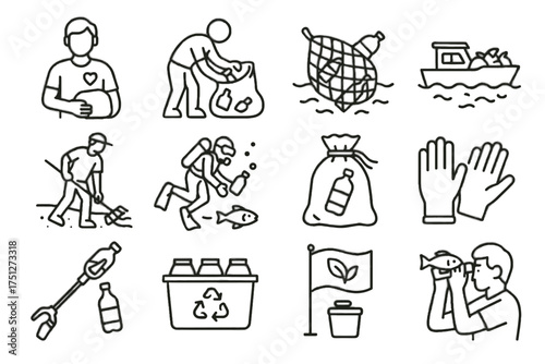 Vector icons sweep pickup cleaning bin beach wildlife observation icon cleanup collection