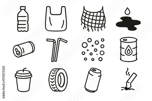 Tire icon bottle bag can ocean oil plastic discarded icons styrofoam pollution