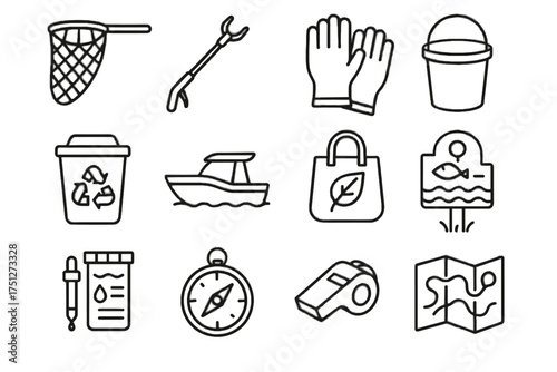 Vector icon gloves ocean kit icons water boat compass bucket picker conservation