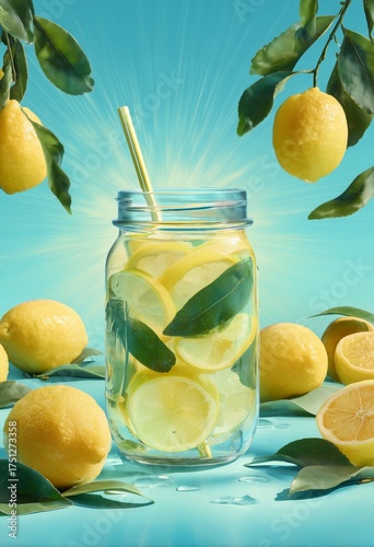 Refreshing Lemon Drink With Lush Lemons and Green Leaves in Bright Background