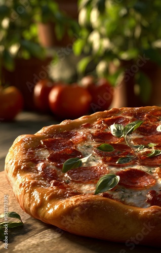 Freshly Baked Pepperoni Pizza Topped With Basil in a Rustic Kitchen Setting