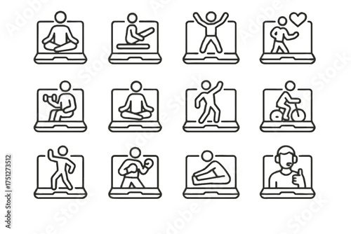 Hiit icon meditation online fitness virtual boxing workout icons trainer cardio vector
