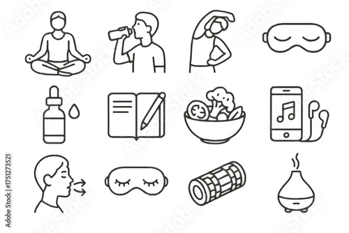 Vector calm roller mask oil journal wellness essential intake virtual icons foam