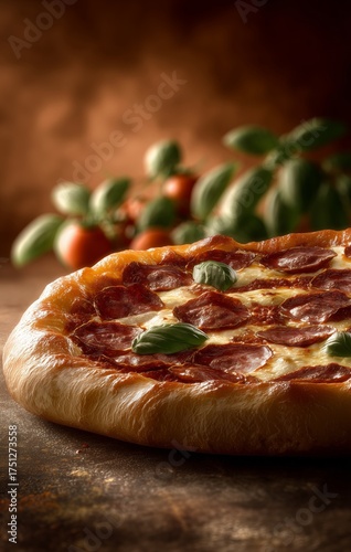 Delicious Pepperoni Pizza With Fresh Ingredients Near Orange Trees at Sunset
