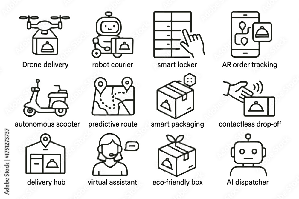 Fototapeta premium Futuristic ai contactless icon box dispatcher icons order delivery locker vector scooter