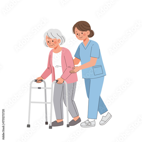 Flat clean medical care healthcare scenes character assisting elderly person with walker