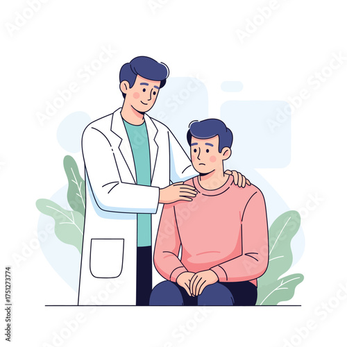 Flat Clean Medical Care Doctor comforting Patient in Healthcare Scenes Character