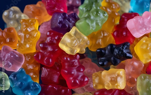 Colorful Gummy Bears Scattered on a Dark Surface, Showcasing a Variety of Sha...