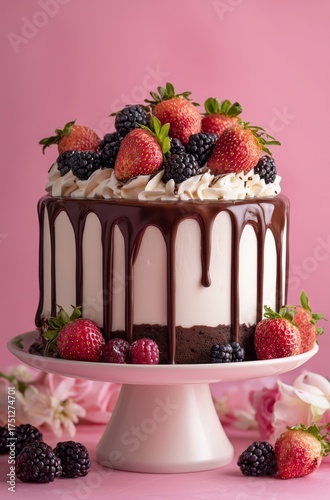 Decadent Chocolate Cake Topped With Fresh Strawberries and Blackberries on Di...