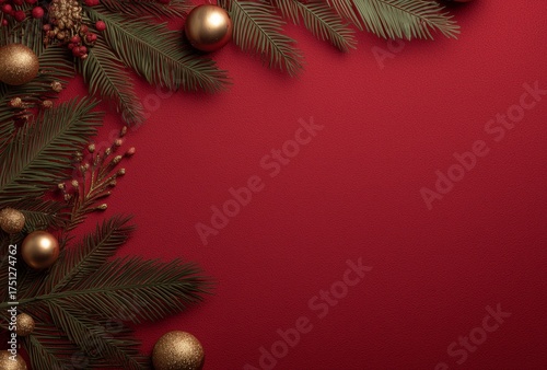 Festive Greenery and Golden Ornaments Create a Warm Holiday Scene on Red Back...