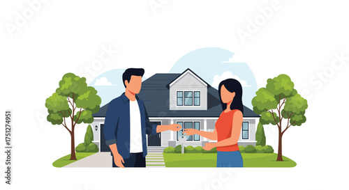 Excited homeowners receive keys to their new house, starting fresh in a vibrant neighborhood, feeling the joy of homeownership and a bright future ahead