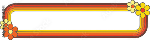 Retro groovy frame with rainbow striped pattern. Funky psychedelic border decorated with flowers. Cute psychedelic rectangle geometric design for posters.