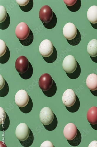 Colorful Variety of Eggs Arranged on a Green Background