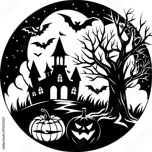 Spooky halloween scene vector illustration festive haunted house bats pumpkins full moon festive night silhouette White background