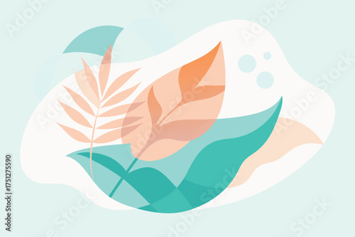 Serene minimalist oasis abstract art featuring soft pastel tropical leaves and gentle geometric shapes soft blue background