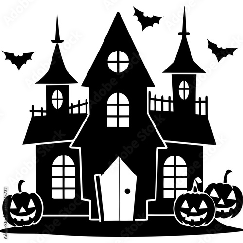 Spooky haunted house with jack o lanterns and bats vector silhouette illustration silhouette White background