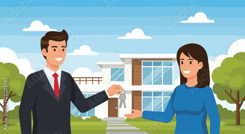 Excited woman receives house keys from realtor in front of modern home, celebrating new homeownership and future dreams under a bright sky