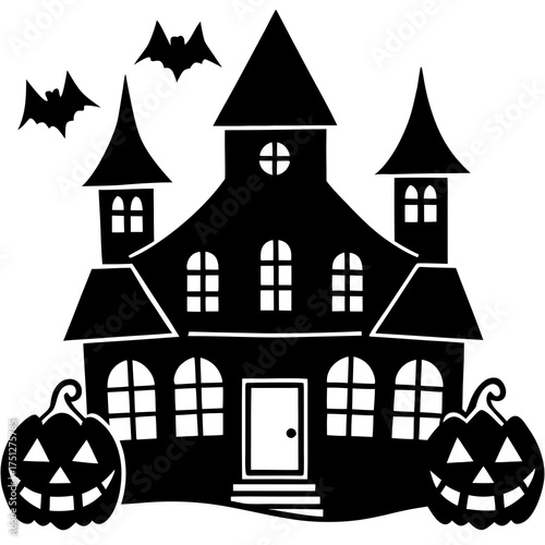 Haunted house with jack o lanterns and bats silhouette vector graphic illustration silhouette White background