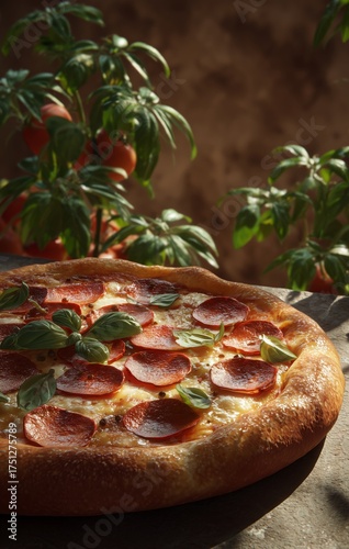 Freshly Baked Pepperoni Pizza Topped With Basil in a Rustic Kitchen Setting