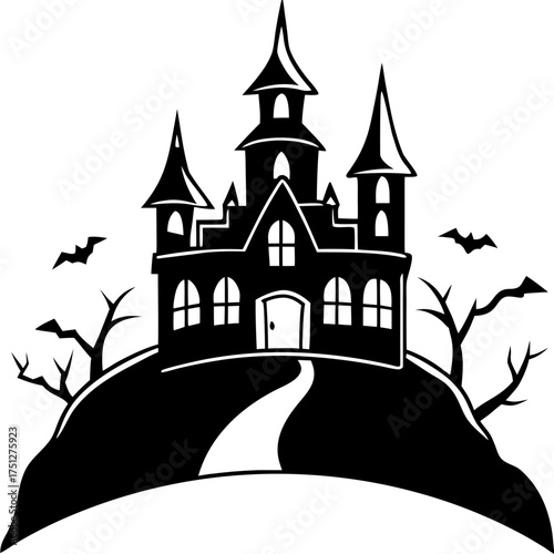 Haunted castle silhouette on hill with bats and trees vector illustration scalable graphic silhouette White background