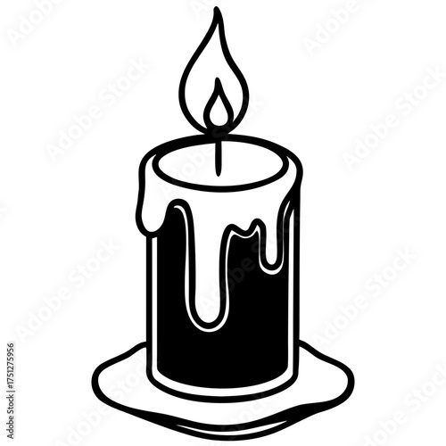Simple black candle with dripping wax flame illustration vector graphic scalable icon silhouette White background