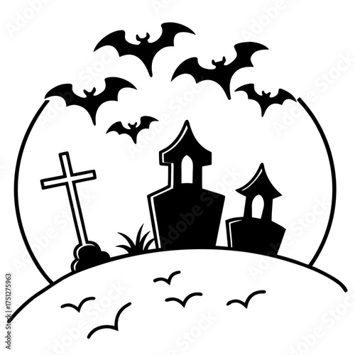 Spooky halloween graveyard silhouette vector illustration with bats flying around a full moon silhouette White background