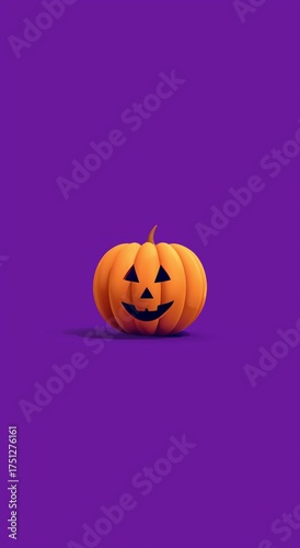 Bright Orange Halloween Pumpkin With a Spooky Face on a Vibrant Purple Backgr...