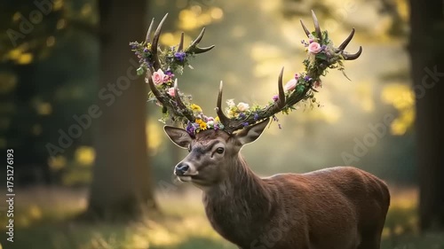Majestic deer adorned with flowers in tranquil forest