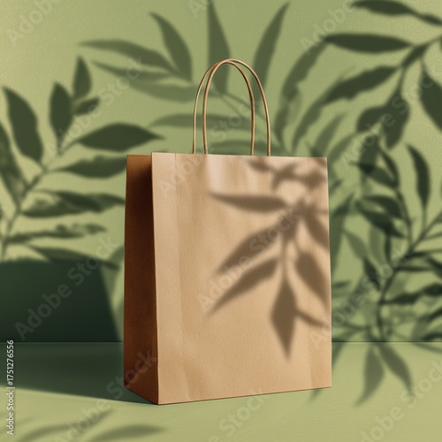 Stylish Paper Bag on Green Background With Leaf Shadows Creating a Natural an...