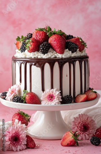 Decadent Chocolate Cake Topped With Fresh Strawberries and Blackberries on Di...