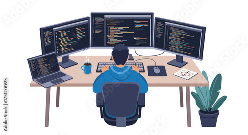 Dedicated programmer coding with multiple screens in modern workspace, fueled by coffee and focused on innovative software development solutions today
