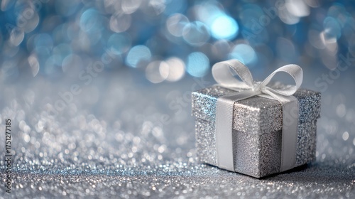 Shiny Silver Gift Box on Sparkling Blue Background During Festive Season