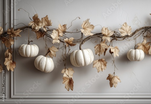 Decorative White Pumpkins and Autumn Leaves on a Shelf for Seasonal Home Decor