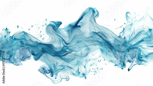 A graceful horizontal stream of light blue ink beautifully disperses and undulates in water, forming delicate, organic wisps and clouds that evoke a sense of calming flow and abstract elegance.
