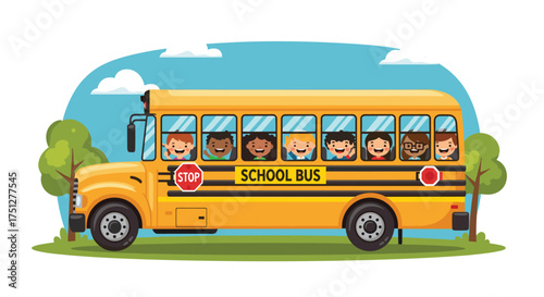 Colorful school bus with happy children ready for learning and adventure, perfect for educational materials and back to school promotions
