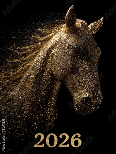 Majestic Golden Horse Portrait With Sparkling Details for Year 2026 Celebration