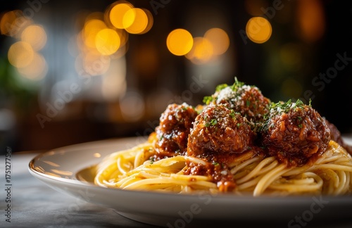 Delicious Spaghetti With Meatballs Served in a Cozy Restaurant During Evening