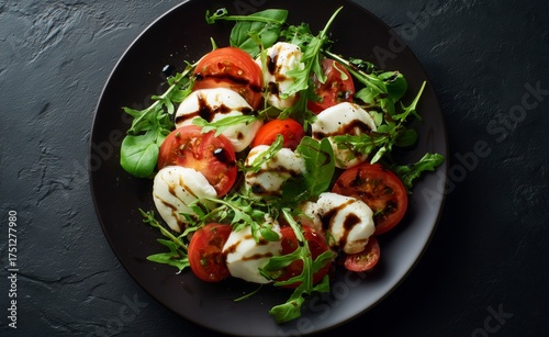 Fresh Salad With Tomatoes, Mozzarella, and Arugula Served in a Black Bowl on ...