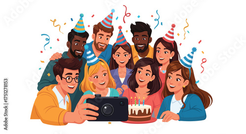 Celebrate Milestones Together A diverse group of friends captures joyful birthday memories with a fun selfie and delicious cake during festive celebration