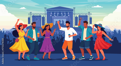 Vibrant crowd enjoying live music festival with summer energy, perfect for event promotions, youthful lifestyle imagery, and music blog illustrations