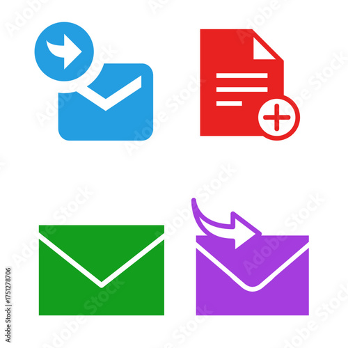 Colorful flat email and document icon set, Vector graphics for sending messages, adding new files, and various communication concepts, isolated on a white background