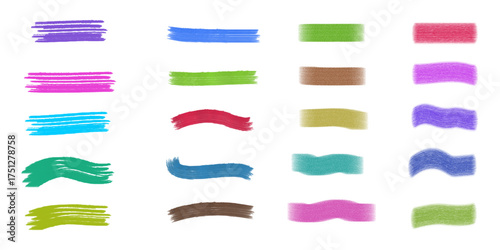 Set of colorful brush strokes and marker highlights, Collection of hand-drawn textures, paint swatches, and scribbles for artistic backgrounds and design elements