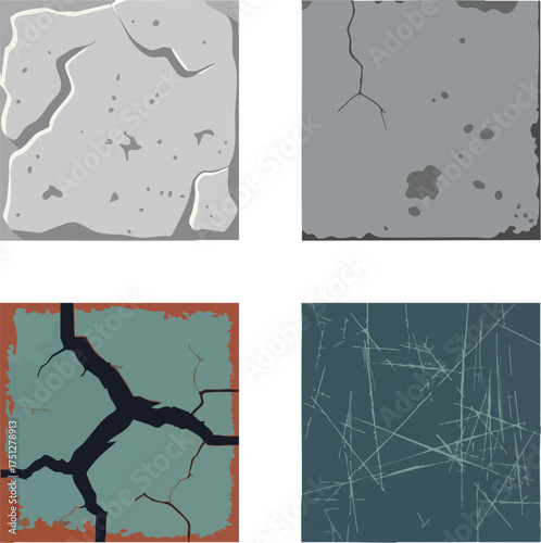 Four distinct cracked and textured surfaces representing decay and wear.
