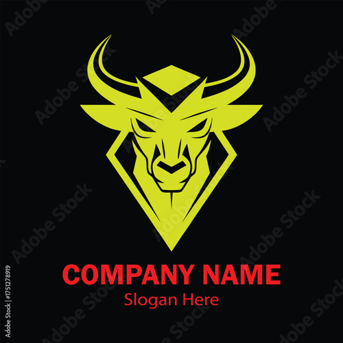 Modern Solid Color Bull Head Logo with Red Text Vector Design