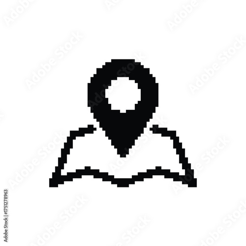Pixel Art Location Icon Simple Map Graphic Design: Conceptual Marker Pin Black Symbol