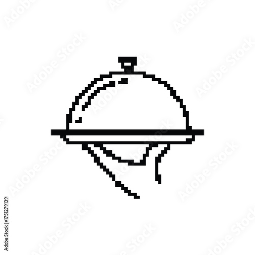 Pixel art serving tray food platter dome. Minimalist outline icon vector illustration design